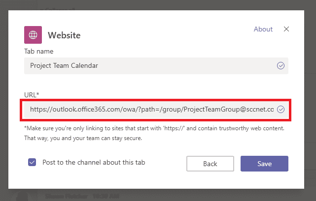 This image demonstrates how to add a calendar URL to a website tab in Microsoft Teams