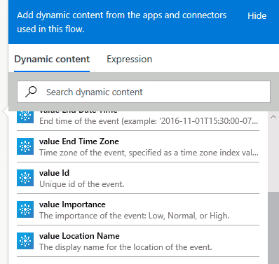 This image shows the different options for dynamic content when creating a Flow in Office 365