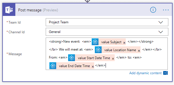 This image shows how to create a message with dynamic content from a Flow in Microsoft Teams