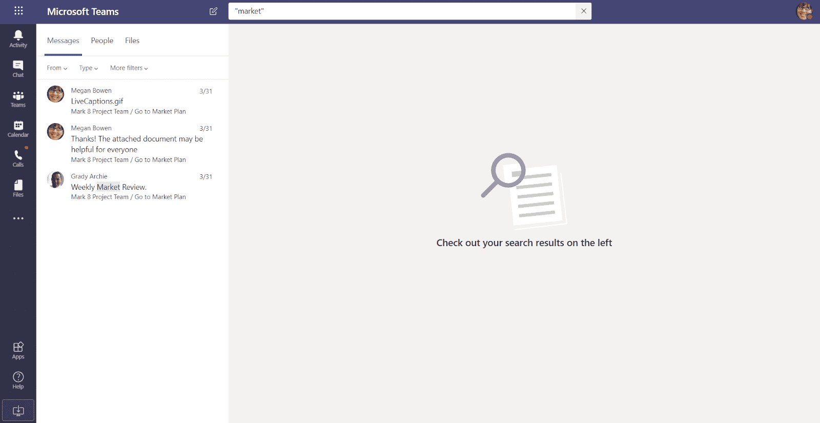 A photo of someone using the search bar to locate chats in Microsoft Teams.