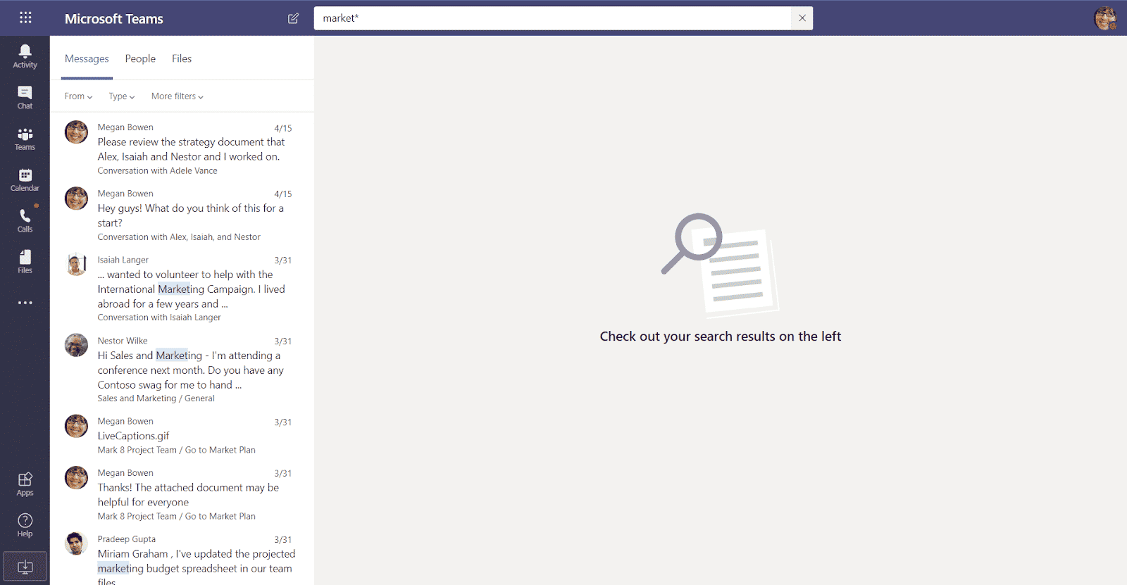 A photo of someone using the search bar to locate chats in Microsoft Teams.